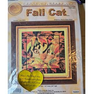 Vintage Cross My Heart Fall Cat Counted Cross Stitch Kit - partially complete